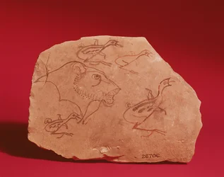 Ostrakon depicting the head of a lion and four quail chicks, probably from Thebes, 19th-20th Dynasty